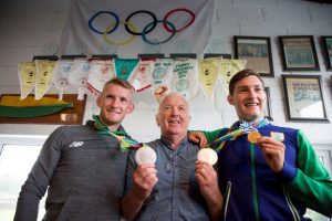Gary & Paul O'Donovan pictured at Skibbereen rowing club giving a press conference with their coach Dominic Casey. Photography by: Emma Jervis